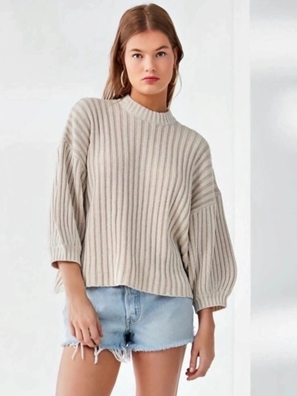 Urban Outfitters Lou Mock Neck Sweater Cream Ribbed Oversized Size M